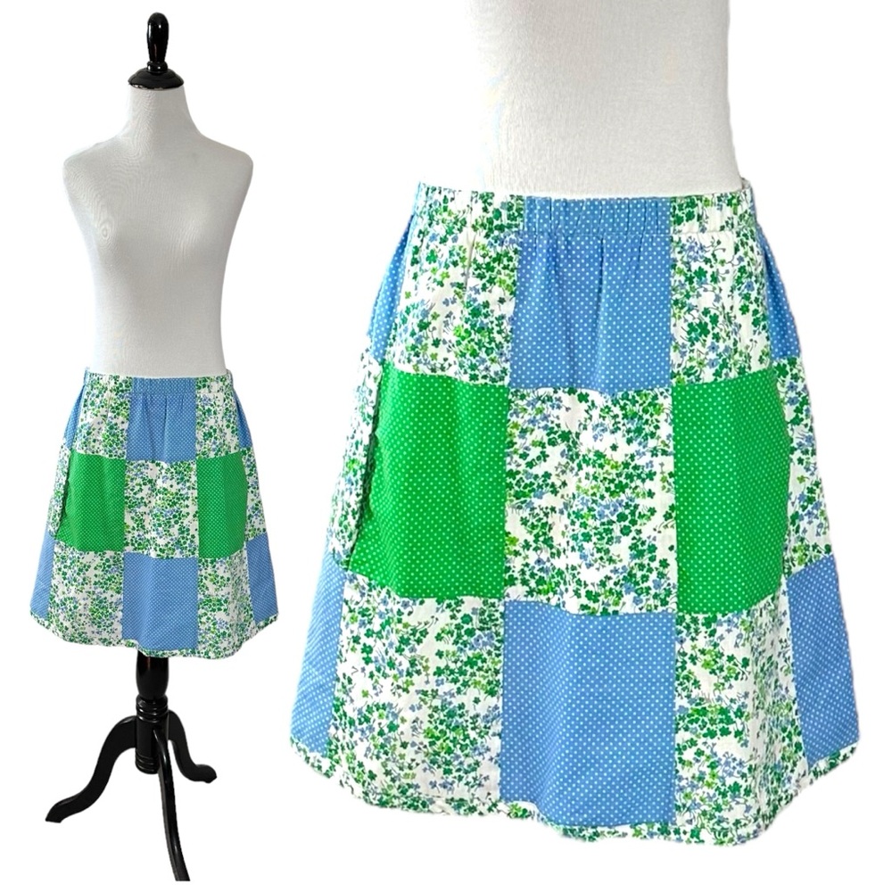 Women's Patchwork A-Line Skirt in Blue, Green & White